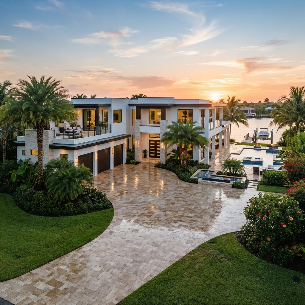 Pristine luxury Florida estate with a freshly cleaned driveway at golden hour